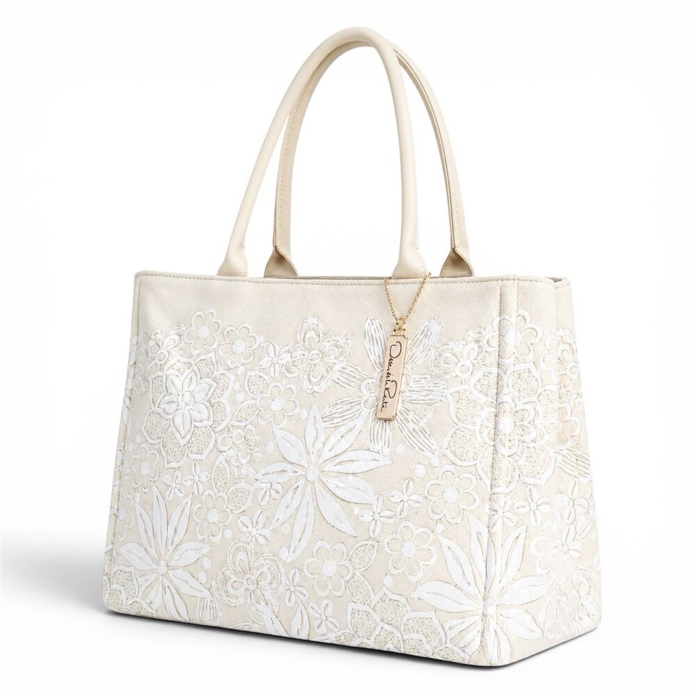 OSCAR DE LA RENTA Floral Canvas Tote Bag Beige White Neiman Marcus Target